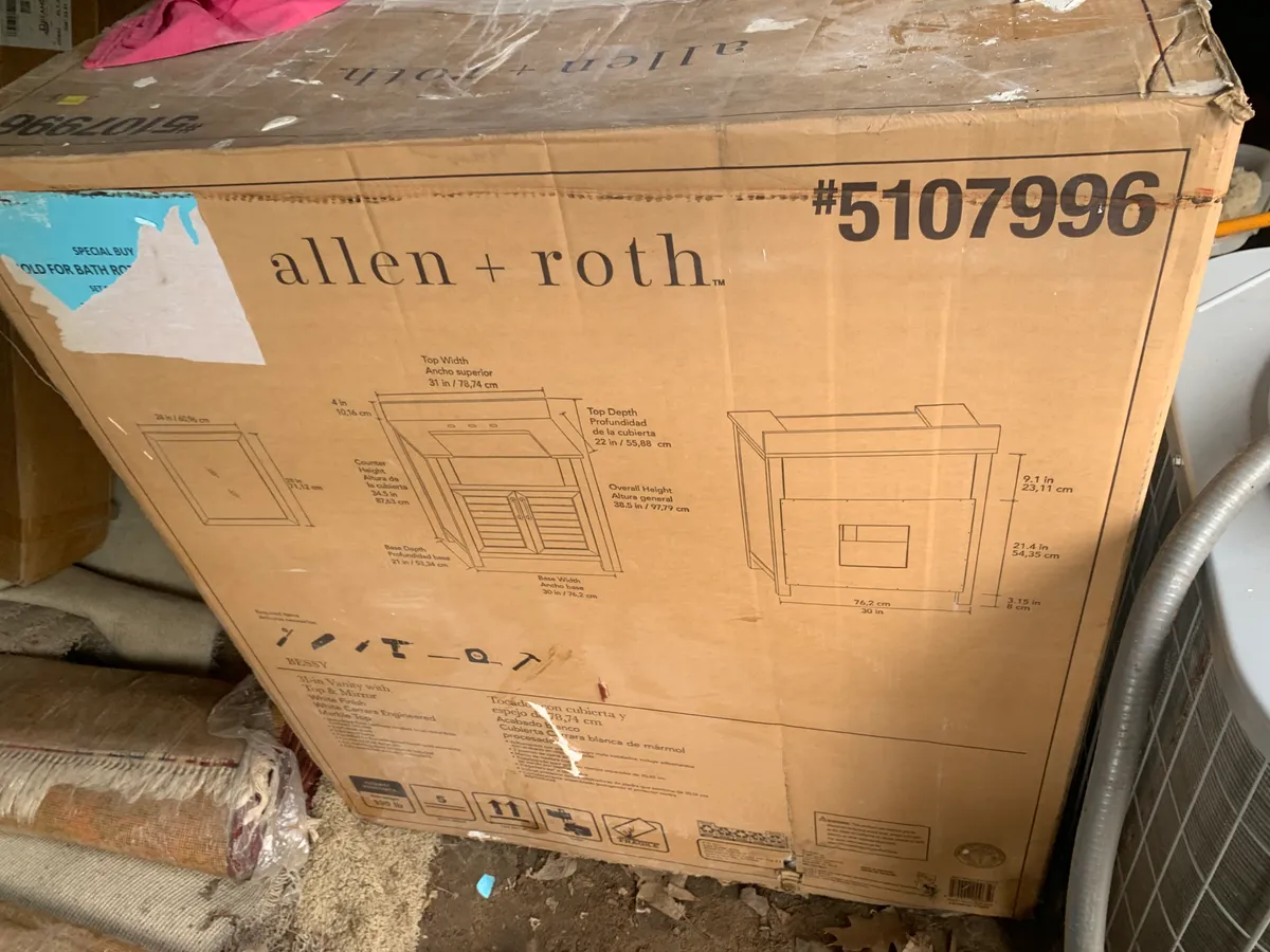 New in Box allen + roth Bessy 31-in White Farmhouse Single Sink Bathroom Vanity
